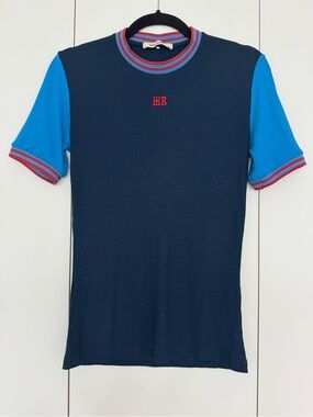 Wales Bonner Navy Ribbed Short Sleeve Tee with Blue Sleeves and Red Trim